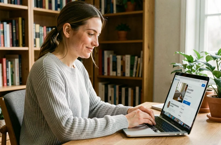 Femme cherchant des offres d'emploi locales sur un ordinateur portable dans un bureau à domicile