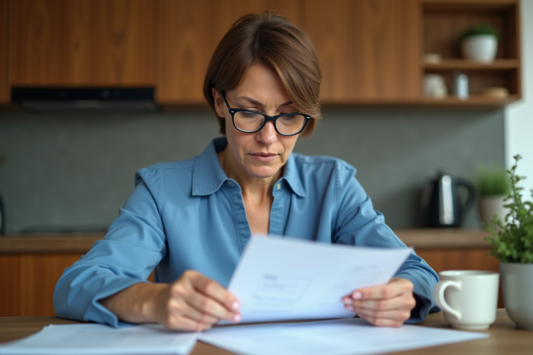 Femme d'âge moyen examine des documents de retraite dans sa cuisine