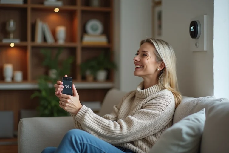 Femme souriante ajustant un thermostat intelligent dans un salon moderne