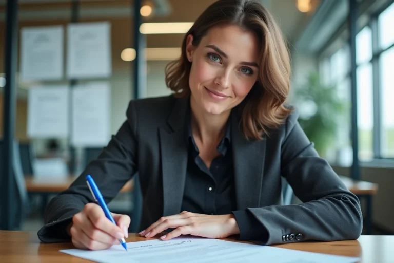 Femme en costume signant un document officiel dans un bureau moderne