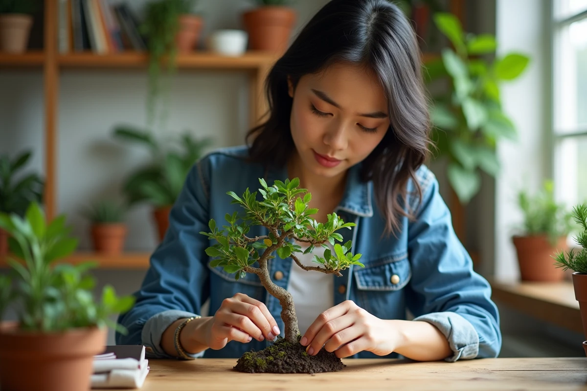 Jeune femme taillant un petit bonsai dans une serre lumineuse