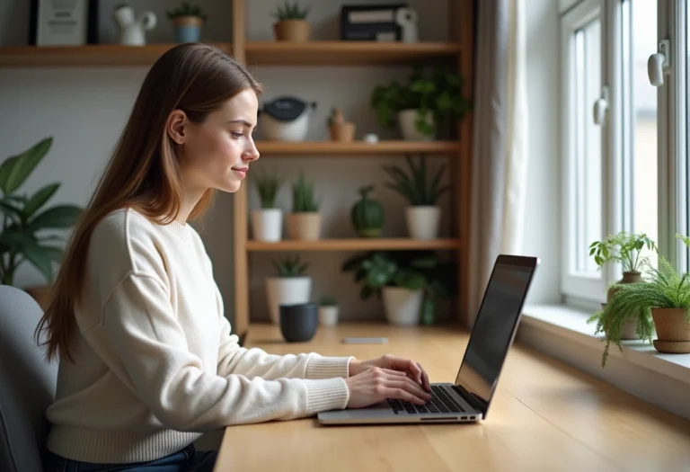 Jeune femme travaillant sur son ordinateur dans un bureau cosy