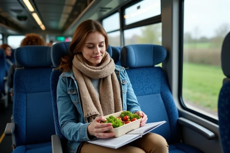 Jeune femme lisant un guide dans un bus moderne