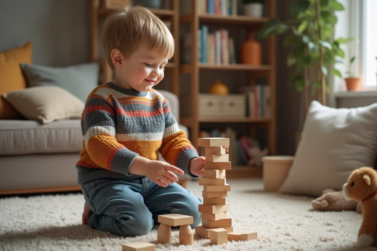 Jeune garçon construit une tour en blocs en intérieur