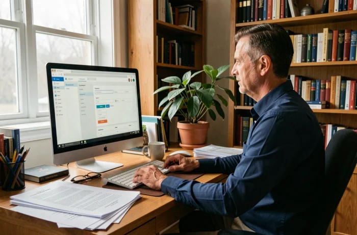 Chercheur CNRS gérant ses congés en ligne depuis un bureau à domicile avec des livres académiques en arrière-plan