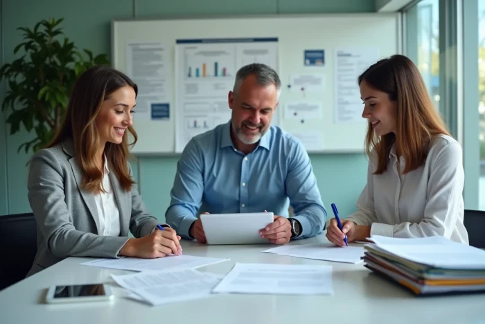 Équipe de professionnels en réunion révisant et signant des documents administratifs dans une salle de conférence moderne
