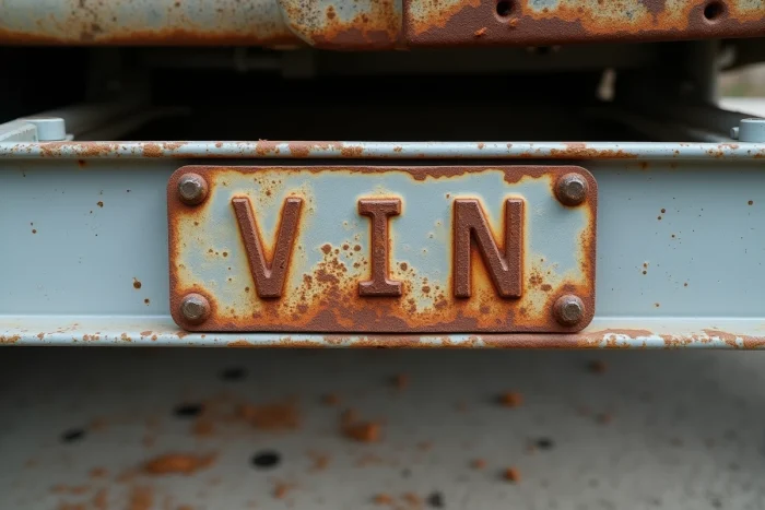 Gros plan sur la plaque de numéro de châssis métallique d'un mobil-home avec inscriptions VIN visibles