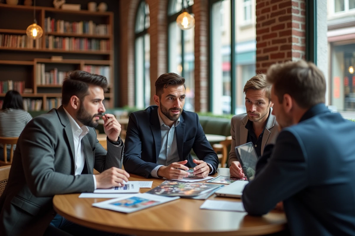 Groupe de quatre personnes discutant dans un café culturel