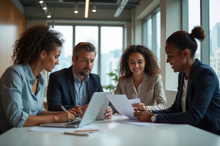 Groupe de professionnels en réunion de travail en bureau