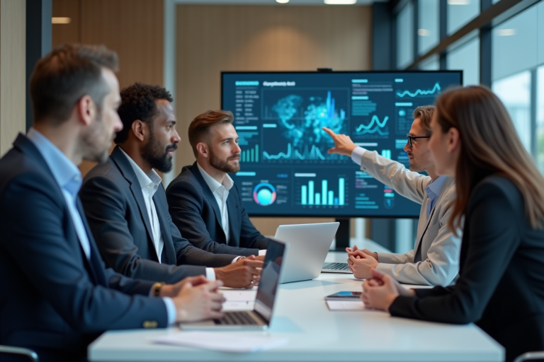 Groupe de professionnels en réunion autour d'un tableau interactif