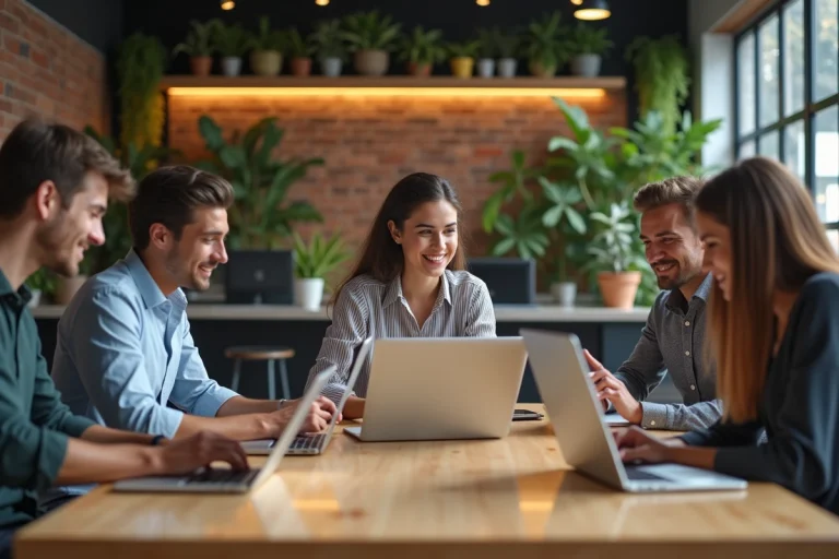 Groupe de jeunes professionnels collaborant dans un espace coworking moderne