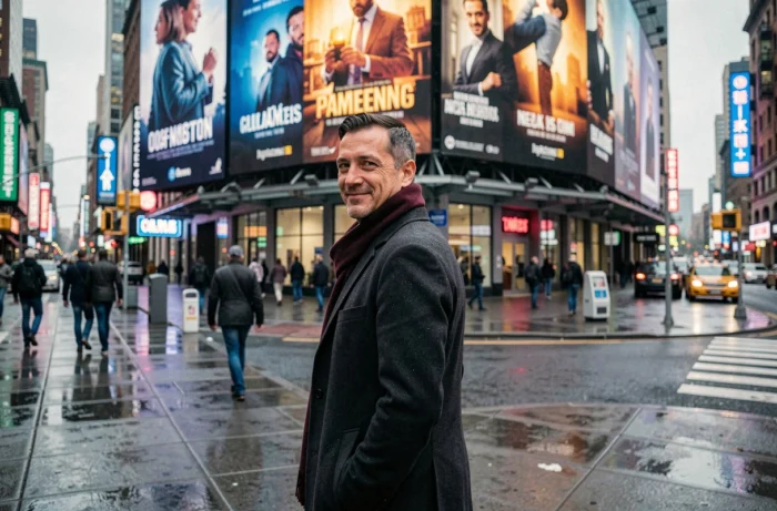 Homme devant un grand panneau d'affichage de films et séries en ville sous la pluie