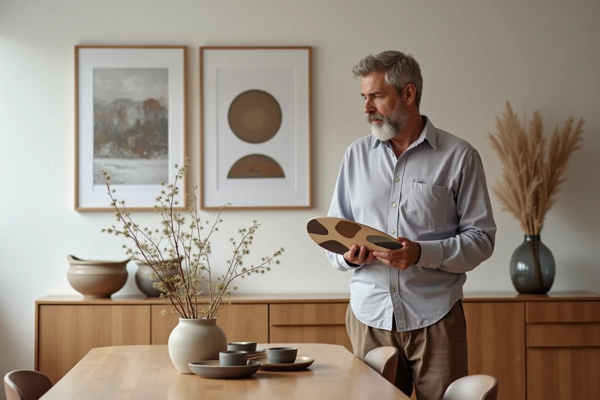 Homme contemplant une palette de couleurs dans une salle à manger