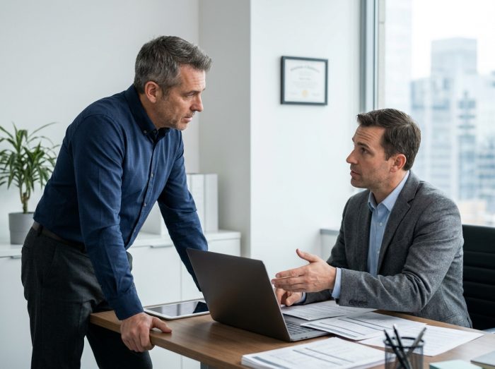 Homme d'affaires discutant d'un rachat de crédits avec un conseiller financier dans un bureau professionnel