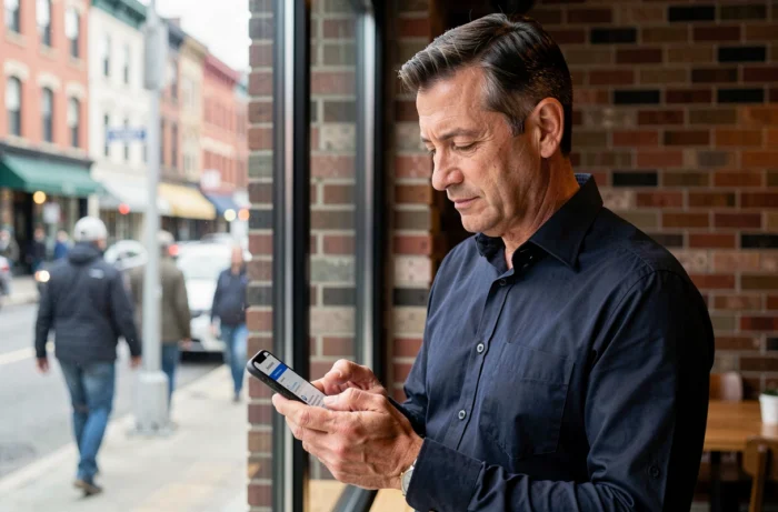 Homme consultant des offres d'emploi locales sur smartphone dans un café urbain