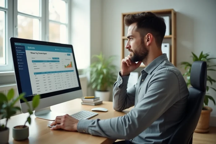 Homme gérant ses bulletins de salaire dématérialisés sur ordinateur depuis son bureau à domicile