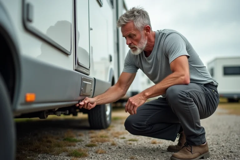 Homme examinant le numéro de châssis sous un mobil-home sur un terrain de camping en gravier