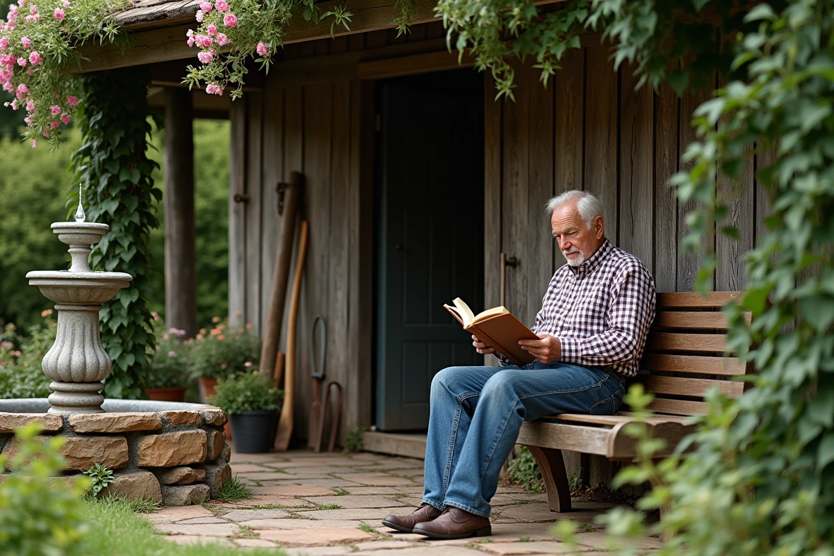 Homme âgé lisant dans un coin de jardin tranquille
