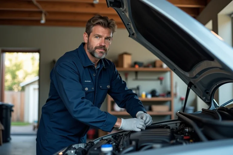 Homme mécanicien en garage automobile en train de serrer un boulon