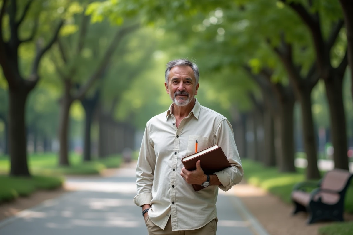 Homme pensif avec journal dans un parc urbain