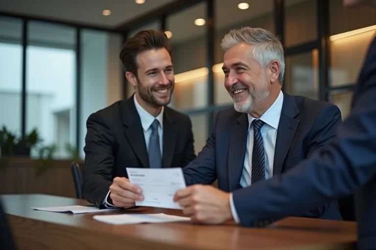 Homme d'âge moyen acceptant un cheque dans une banque moderne