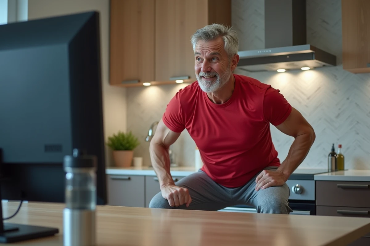 Homme faisant des squats dans la cuisine moderne