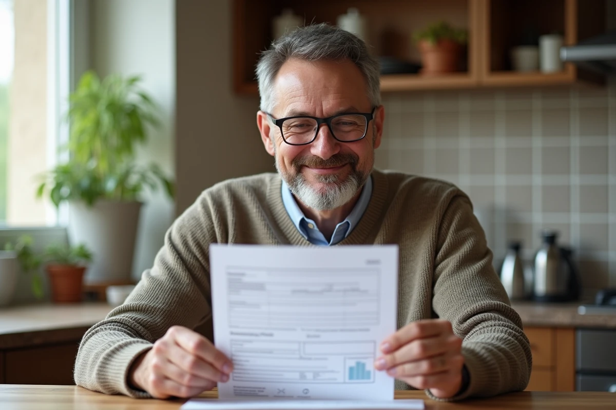 Homme souriant tenant un formulaire signé dans sa cuisine chaleureuse