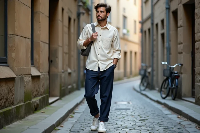 Homme en tenue workwear japonaise en denim indigo et chemise chanvre dans une rue pavée européenne, tendance mode unique et durable pour la saison