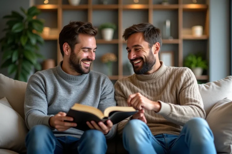 Deux hommes rient dans un salon moderne avec des plantes
