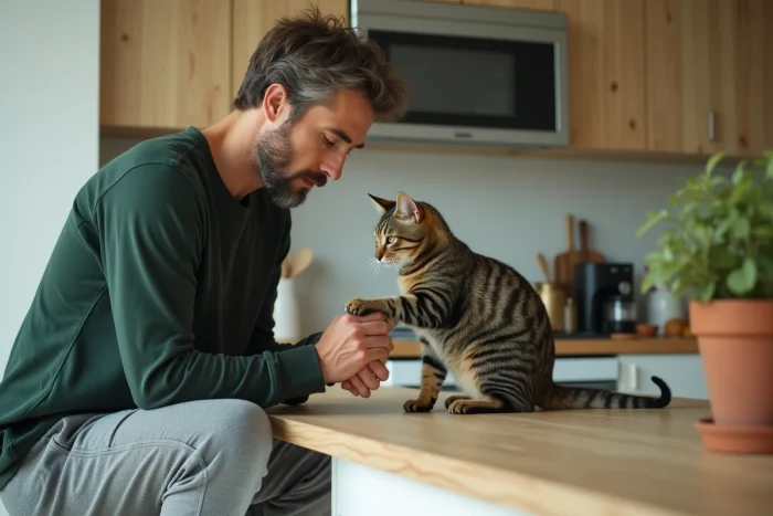 Homme inspectant la patte de son chat tigré dans une cuisine moderne, soins vétérinaires à domicile