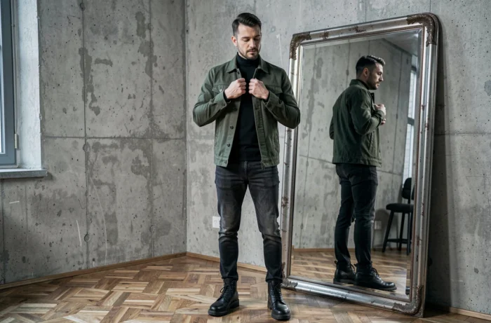 Homme moderne en veste harrington verte inspectant sa tenue devant un miroir industriel, inspirations mode masculine urbaine