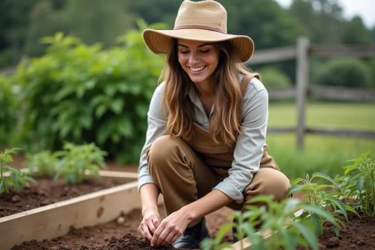 Femme en jardinage avec compost et tomates