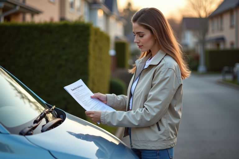 Jeune femme examinant un contrat d'assurance auto dehors