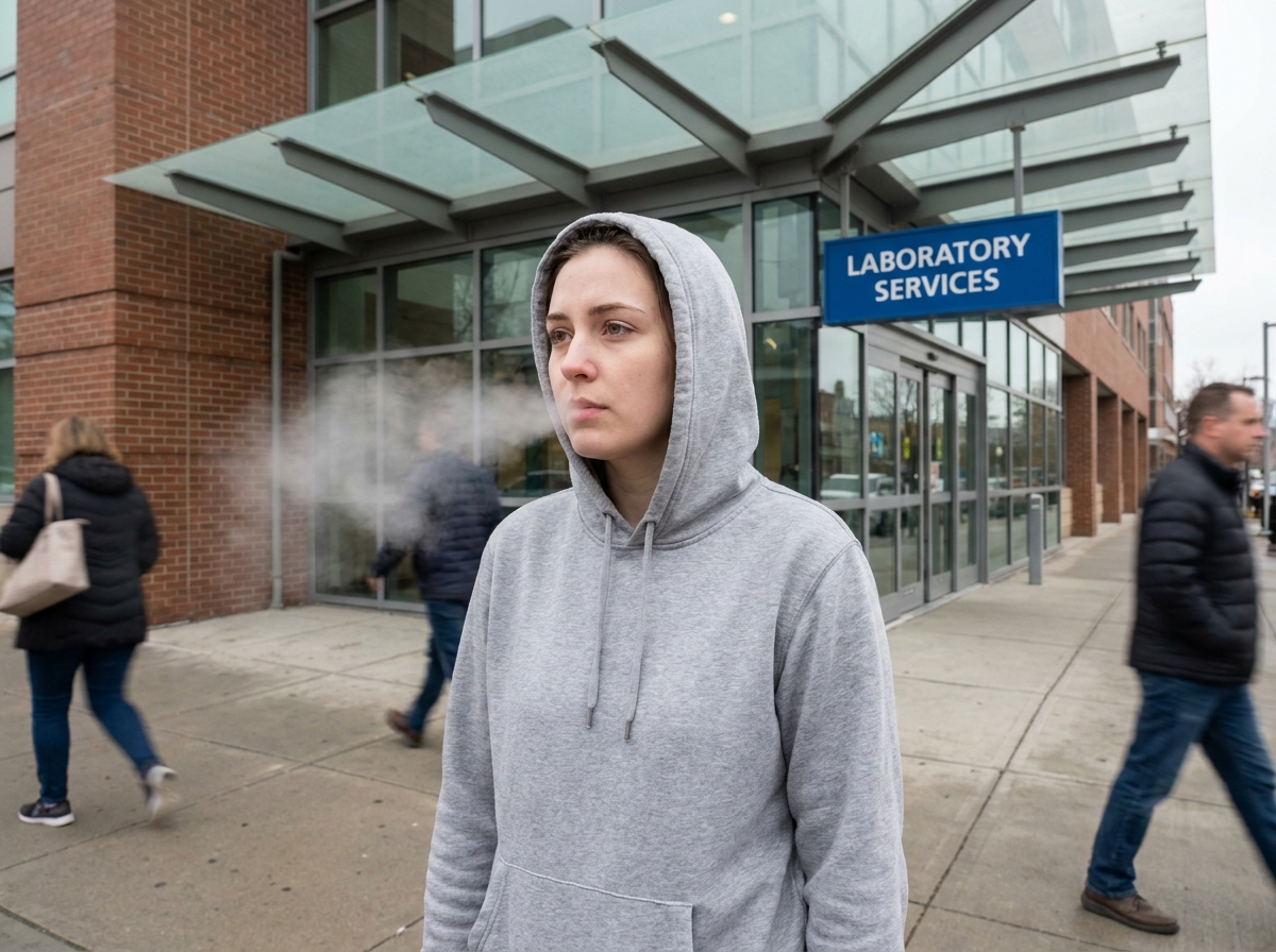Jeune femme exhalant de la fumée devant un hôpital moderne