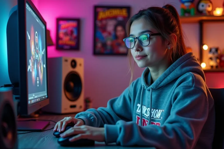 Jeune femme concentrée devant son ordinateur gaming