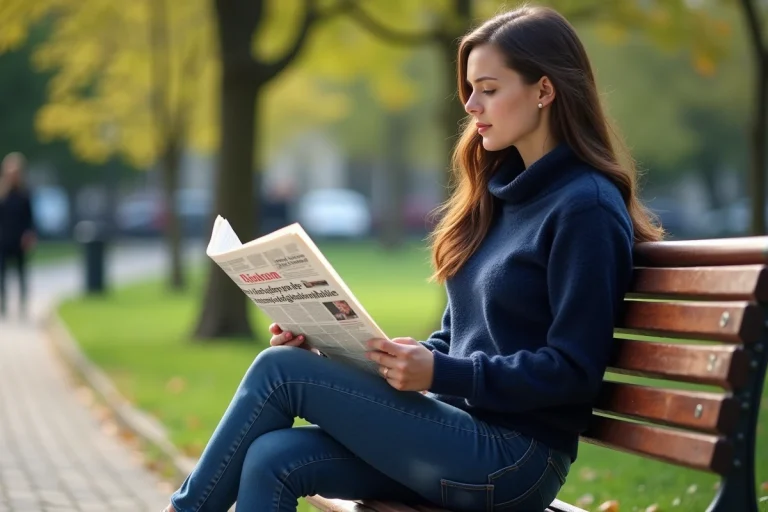 Jeune femme assise dans un parc lisant un journal français
