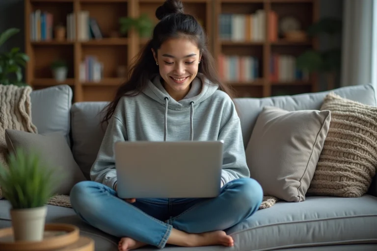 Jeune femme souriante regardant un ordinateur portable dans un salon cosy