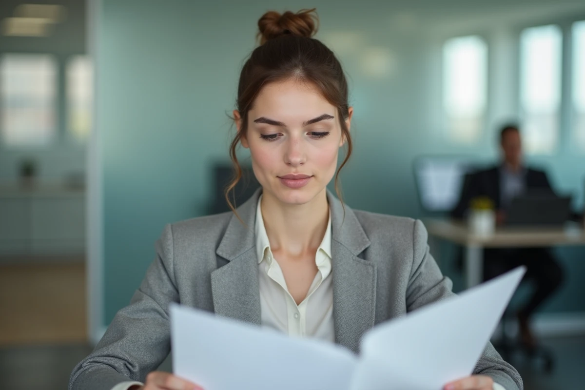 Jeune femme lisant des documents au bureau