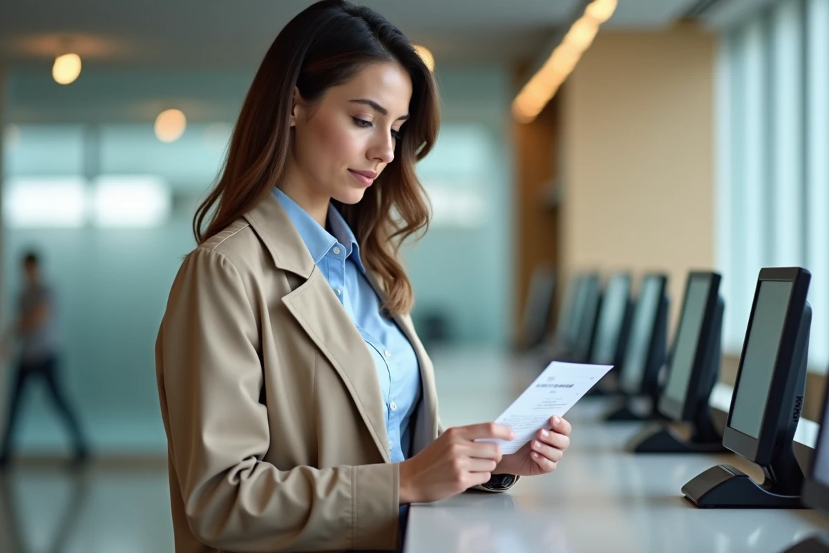 Jeune femme vérifiant un cheque dans une banque contemporaine