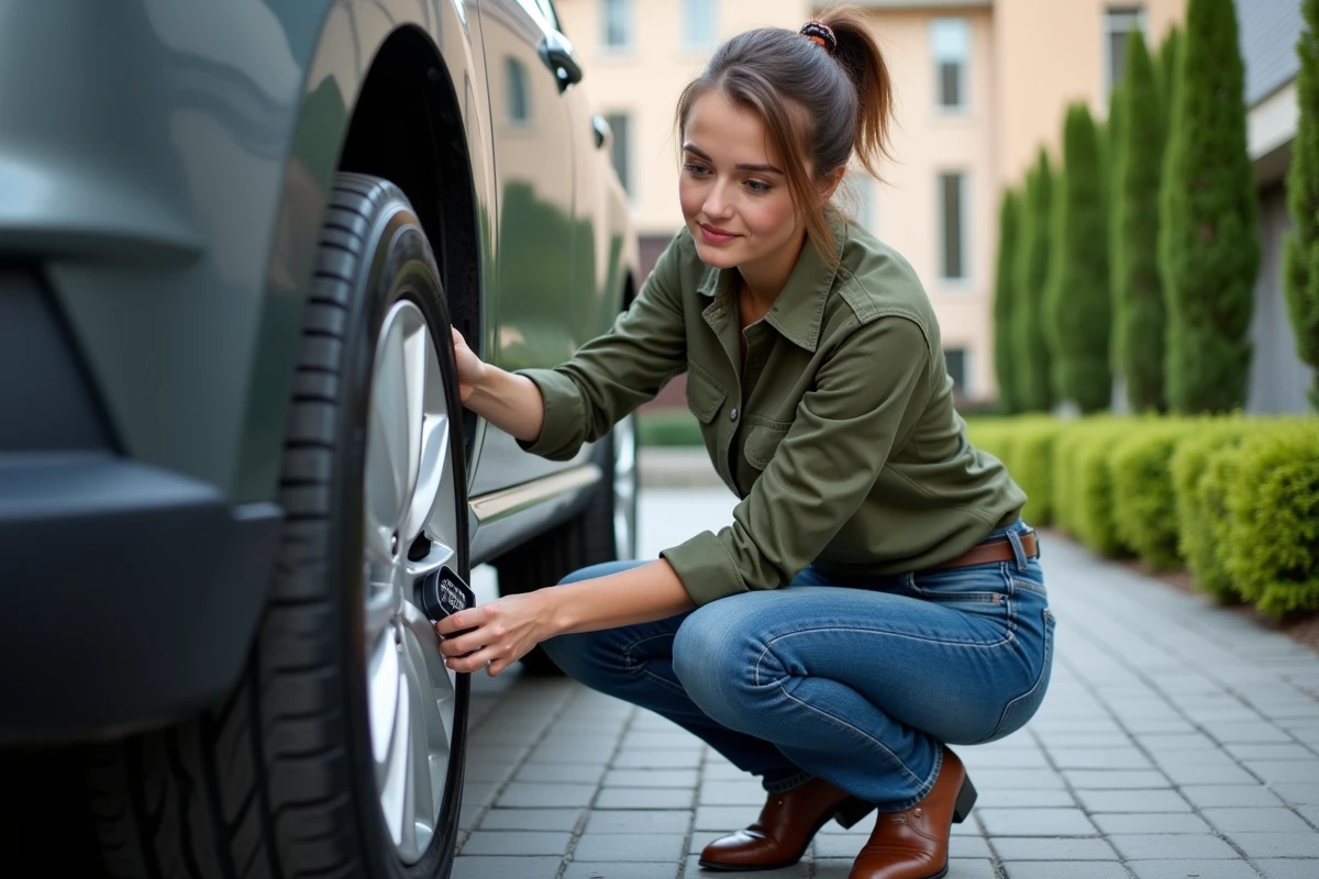 Jeune femme inspectant un pneu avec un manomètre sur une voiture