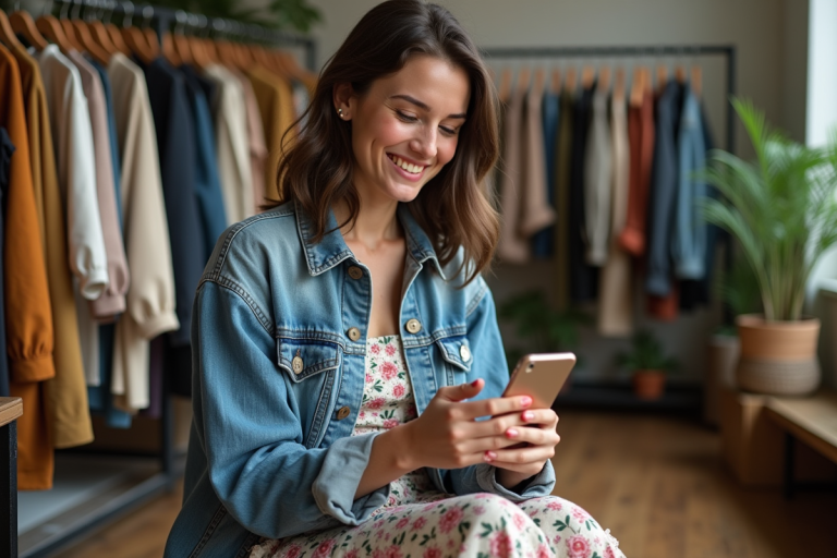 Jeune femme souriante en vintage denim et floral