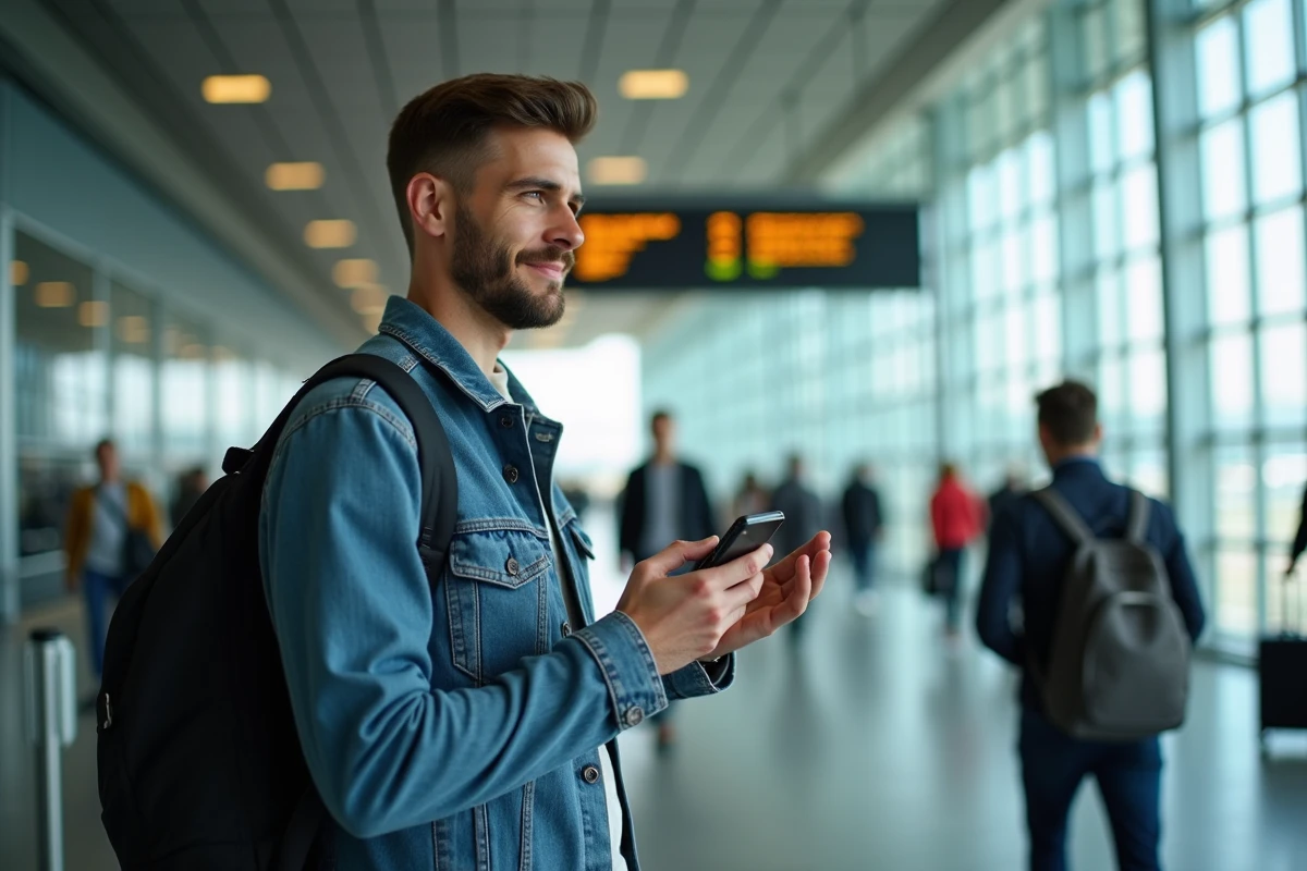 Jeune homme dans un aéroport européen regardant le tableau de départs