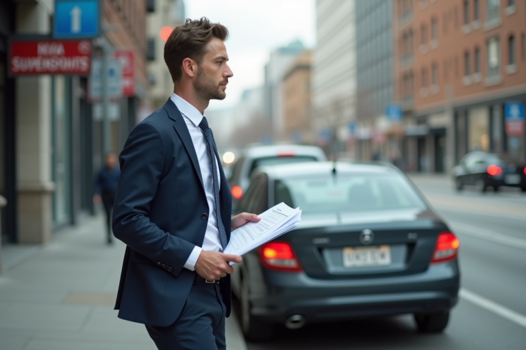 Jeune homme d'affaires avec documents voiture en ville