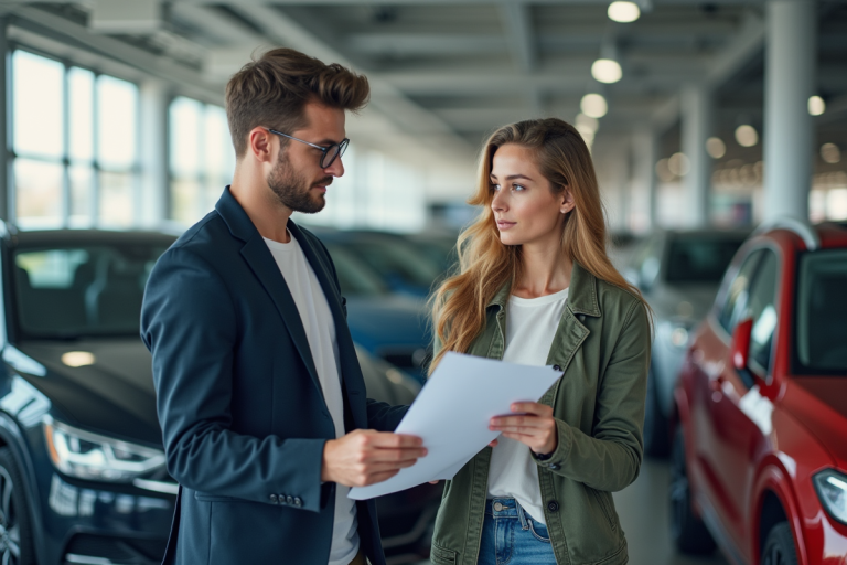 Jeune couple examinant une voiture d'occasion dans un concessionnaire européen