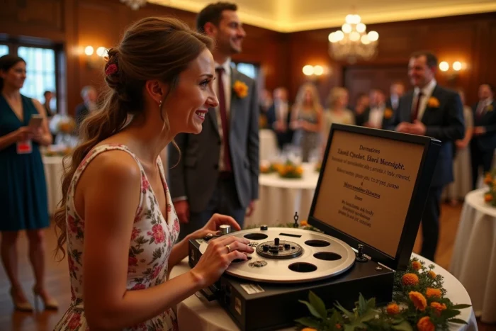 Un invité enregistre un message vocal dans le livre d'or audio installé sur une table lors de la soirée de mariage