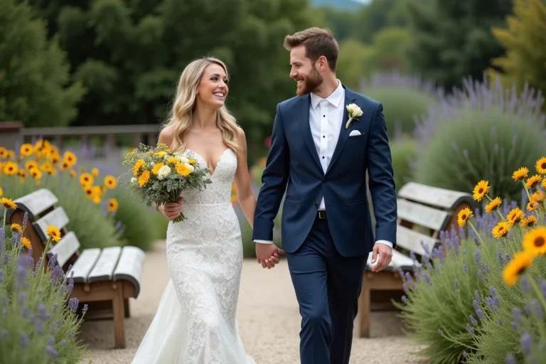 Jeune couple de mariés dans un jardin rustique en plein air