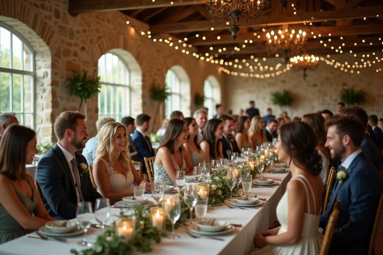 Vue grand angle d'une salle de mariage décorée avec des fleurs sauvages, des bougies et des invités joyeux dans un lieu rustique chaleureux