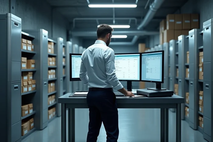 Employé numérisant des documents administratifs papier vers une archive numérique en salle des archives d'entreprise