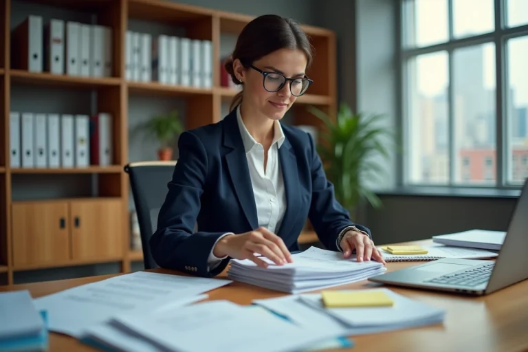 Femme cadre organisant des documents administratifs dans des classeurs dans un bureau moderne en entreprise