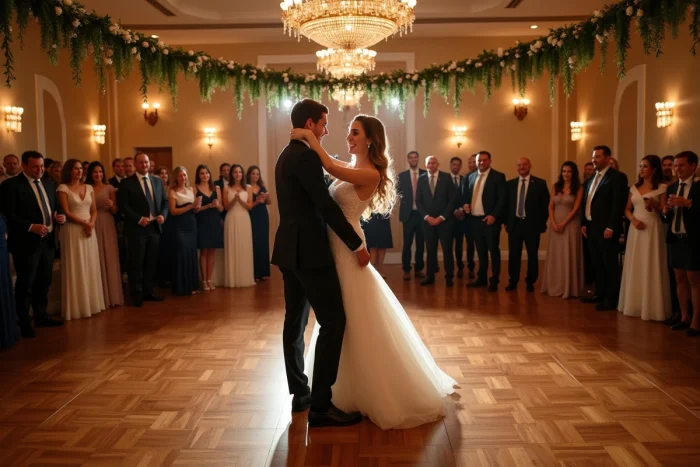 Les mariés ouvrent le bal avec un morceau appris en secret, entourés de leurs invités surpris et ravis dans une salle de réception